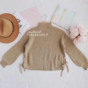 MAX STUDIO Mock Neck Puff Sleeve Sweater Tan size S